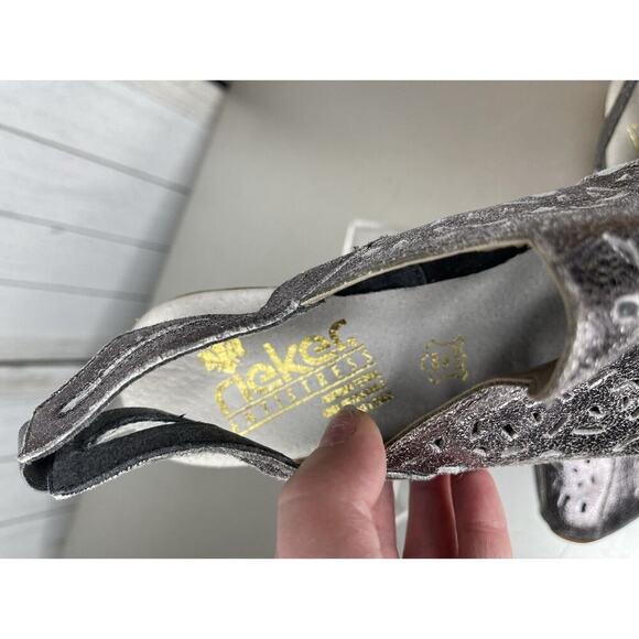 Rieker Leather Sandaly Comfort Heels Metallic Silver Size EU 41 US 10 - Picture 4 of 6